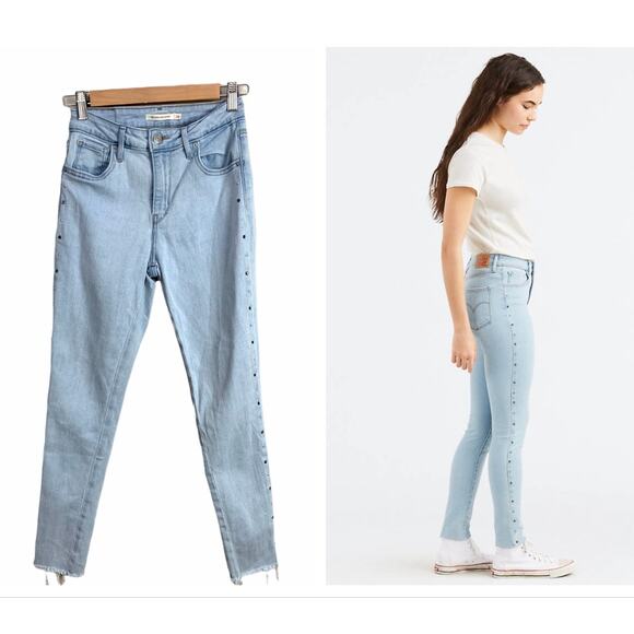 Levi's Studded 721 High Rise Skinny Jeans Raw Hem Light Wash 26 W26 L30 - Picture 3 of 10